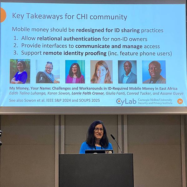 Lorrie Cranor at a podium speaking to a room about key takeaways for the CHI community