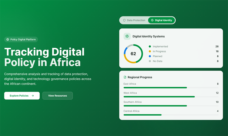 A screenshot from the Policy Analyzer tool. On the left side is the title ‘Tracking Digital Policy in Africa,’ with buttons giving users more options. On the right side are graphics showing statistics between different African nations on digital identity laws. 